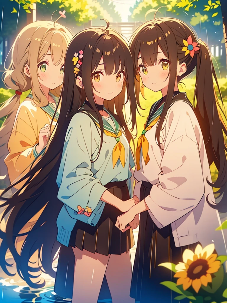 kawaii, anime, Cute, hyper quality, highly detailed, 16k, Front facing, Clarity, girl, brown long hair, green eyes, smile, two girls, Both girls have long dark brown hair., golden eyes, green kiwi, golden kiwi, pale colors, Fluffy feeling, light atmosphere, dazzling light, highlight on eyes, smiling, wink, Dark brown twintails and long dark brown hair, , whole body, fold one's hands, A good friend, close one eye, angel feather hairpin, kiwi hairpin, private clothes, skirt, spring, Not three people, Two persons, after the rain, blue sky, flower path, wet from the rain,