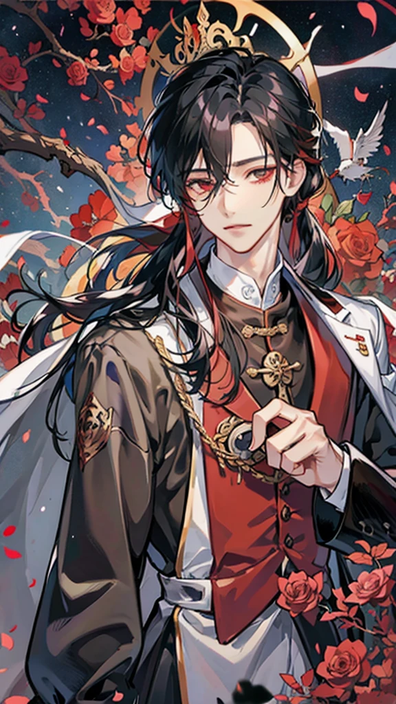 Hua Cheng adulto, he holds a rose in his hand , right eye patch