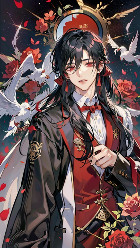 Hua Cheng adulto, he holds a rose in his hand , right eye patch