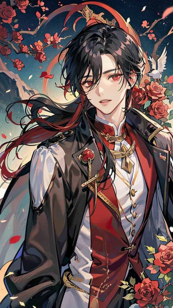 Hua Cheng adulto, he holds a rose in his hand , right eye patch