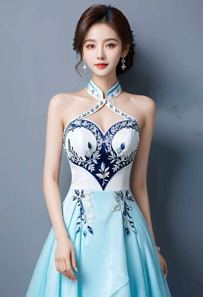 Realistic photo style, whole body 사진에 아름다운 아시아 소녀가 등장합니다., Wearing a unique ethnic style evening gown with delicate skin., bright and lively eyes, Thick eyelashes that look especially attractive. Long dresses are slim and elegant., Eye-catching silver jewelry and alcohol. The high-collar design adds an elegant atmosphere., Color of blue and white porcelain. using light and shadow, The vivid and harmonious appearance of the protagonist is highlighted... whole body, (masterpiece, best quality, professional, perfect composition, very aesthetic, absurd, very detailed, intricate details:1.3)
