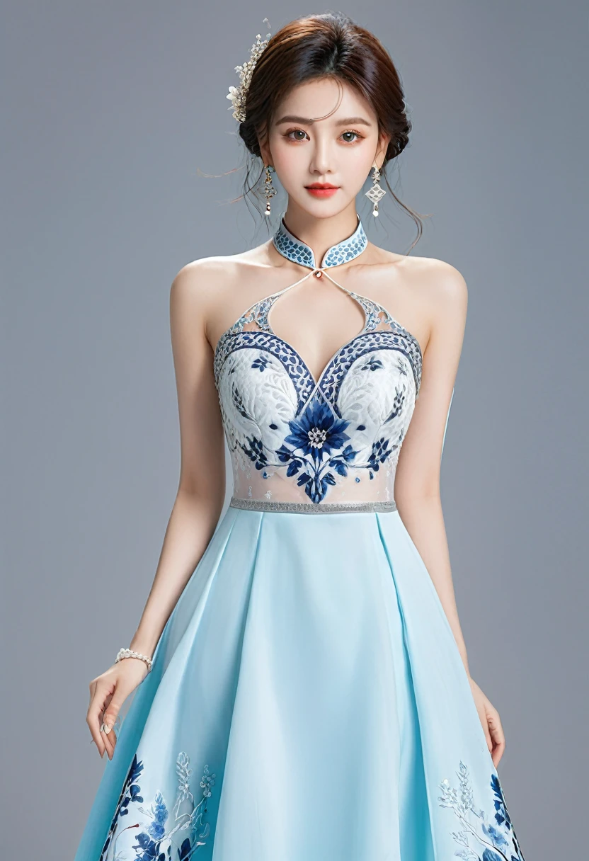 Realistic photo style, whole body 사진에 아름다운 아시아 소녀가 등장합니다., Wearing a unique ethnic style evening gown with delicate skin., bright and lively eyes, Thick eyelashes that look especially attractive. Long dresses are slim and elegant., Eye-catching silver jewelry and alcohol. The high-collar design adds an elegant atmosphere., Color of blue and white porcelain. using light and shadow, The vivid and harmonious appearance of the protagonist is highlighted... whole body, (masterpiece, best quality, professional, perfect composition, very aesthetic, absurd, very detailed, intricate details:1.3)