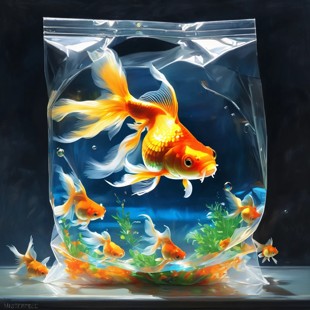 (masterpiece, best quality:1.2),Windowsill,Goldfish in a plastic bag,Luminescence