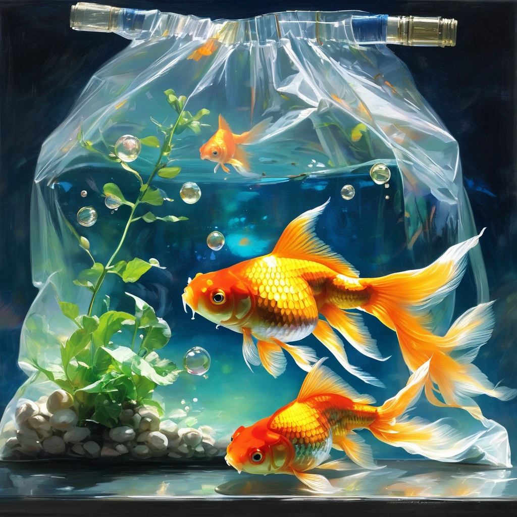 (masterpiece, best quality:1.2),Windowsill，Goldfish in a plastic bag，Luminescence
