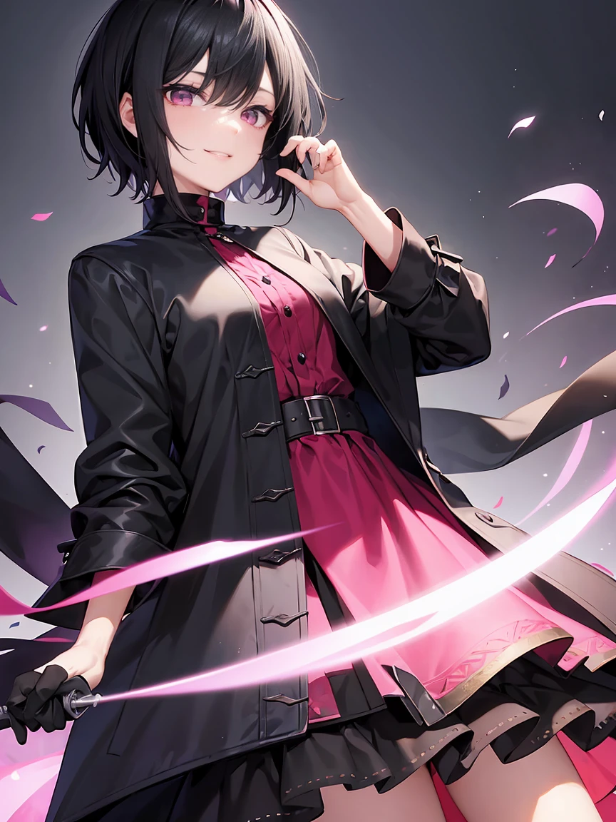 Short black hair、Beautiful pink eyes、Shota、male:1.5、solo、Pure black coat、Black clothing、Wicked Smile、Black trousers、knife
