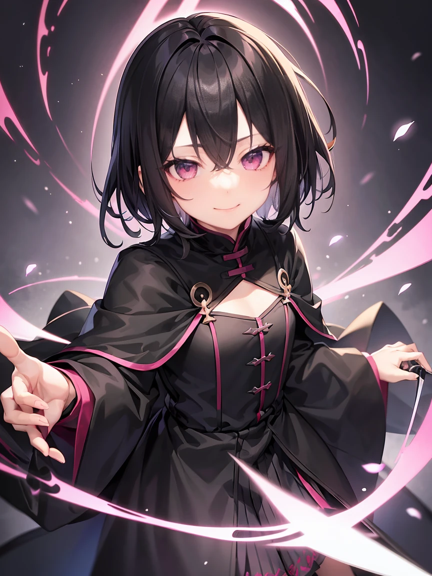 Short black hair、Beautiful pink eyes、Shota、male:1.5、solo、Pure black coat、Black clothing、Wicked Smile、Black trousers、knife