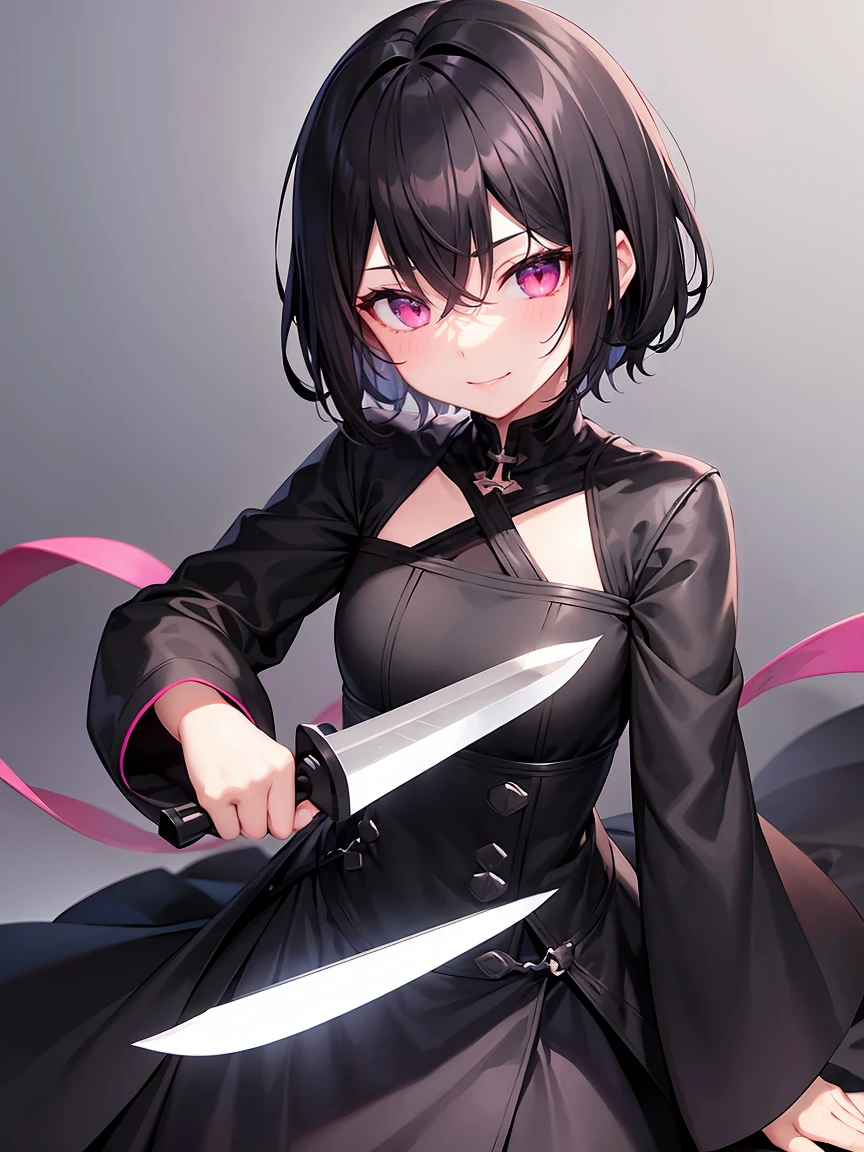 Short black hair、Beautiful pink eyes、Shota、male:1.5、solo、Pure black coat、Black clothing、Wicked Smile、Black trousers、knife