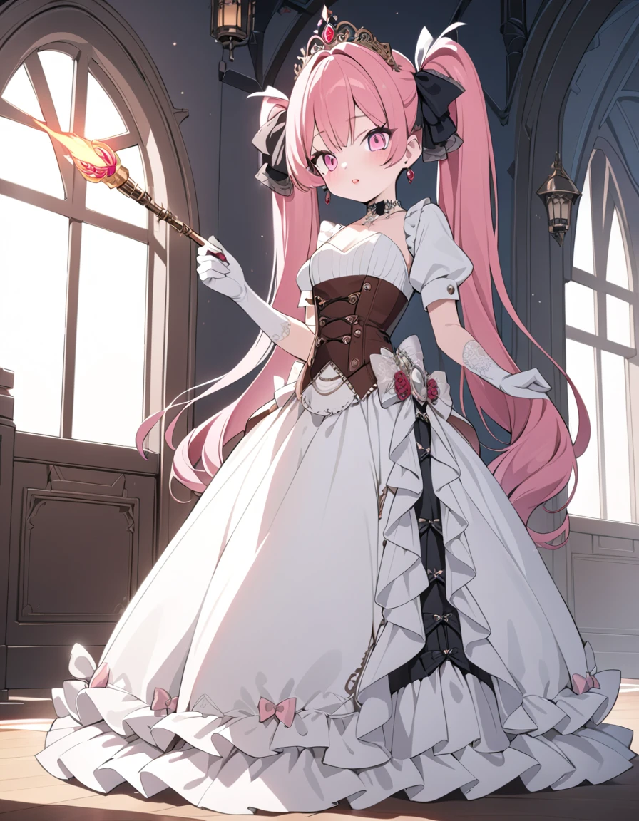 (best quality,4k,8k,highres,masterpiece:1.2),ultra-detailed, Pretty 15 years old princess, drawn in anime style, is cute and joyful, long red pigtails hair, pink eyes, small breast, lipstick, makeup, pink eyeshadow, steampunk, red and white ball gown with puffy sleeves, physically-based rendering,gorgeous dress design,flowing gown,elaborate lace details,rich textures,contrast stitching,delicate ribbon bows,floral accents,long maxi skirt,short sleeves,fitted waistline,lace-up back,luxurious fabrics,flawless silhouette, petticoat, bustle, corset, hair ribbons, white elbow gloves, ruby earrings and necklace, gold tiara, high heels, holding a fire magic wand, standing in castle bedroom,