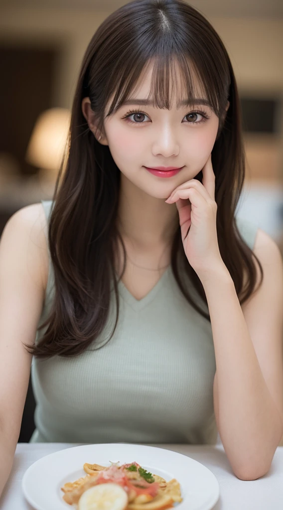 Tabletop, Highest quality, shape, Very detailed, finely, High resolution, 8k wallpaper, 完璧なダイナミックな構shape, Beautiful and exquisite,ランダムなcute髪,,Natural color lip, 20-year-old girl、cute、Always blur the background,Perfect and beautiful face,Slim face and figure,Big eyes、Putting on gal makeup,Small face,smile,Blurred Background,Elegant feminine face、Change pose randomly、Randomly change the shooting angle and position、smile、Top to bottom々Shoot from the right angle and direction、Real Photo、Raw photo、Real human skin,finely描かれた肌:1,4、Normal anatomy