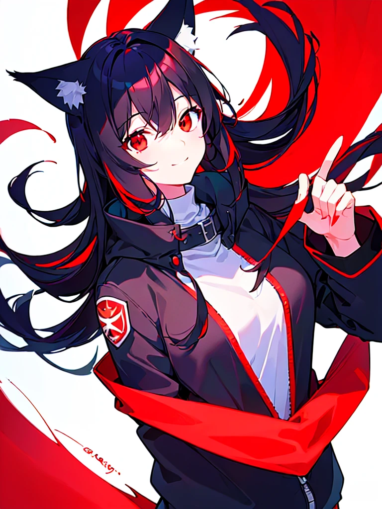 [(WHITE BACKGROUND:1.5),::5], ((((masterpiece)))), high quality, ultra very high resolution, full color, (((solo))), ((girl)), Black hair, (red inner hair), (red eyes), anime, ((upper body)), black parka, Fox ears, Fox red tails, light smile