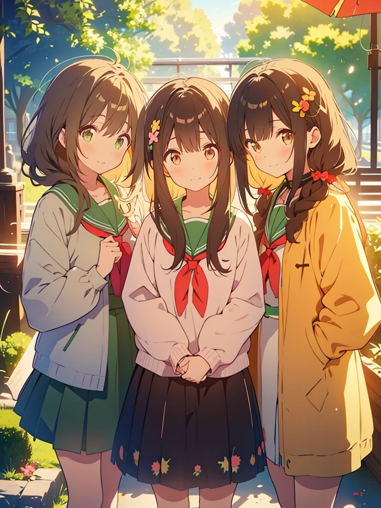 kawaii, anime, Cute, hyper quality, highly detailed, 16k, Front facing, Clarity, girl, brown long hair, green eyes, smile, two girls, Both girls have long dark brown hair., golden eyes, green kiwi, golden kiwi, pale colors, Fluffy feeling, light atmosphere, dazzling light, highlight on eyes, smiling, wink, Dark brown twintails and long dark brown hair, , whole body, fold one's hands, A good friend, close one eye, angel feather hairpin, kiwi hairpin, private clothes, skirt, spring, Not three people, Two persons, after the rain, blue sky, flower path, wet from the rain,