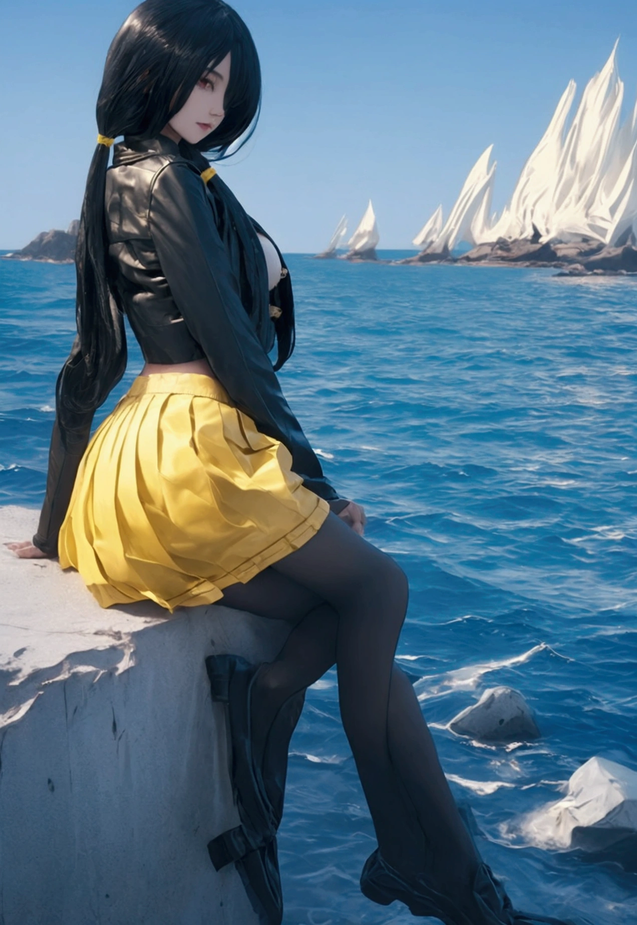 ultra-detailed, highly detailed,nbest quality, masterpiece, illustration, 
A young individual with long, black hair stands on a sandy beach with the ocean in the background. They are wearing a black leather jacket with yellow accents, a black crop top, and blue denim shorts. An umbrella and some stone structures are partially visible behind them. The weather appears sunny and clear.