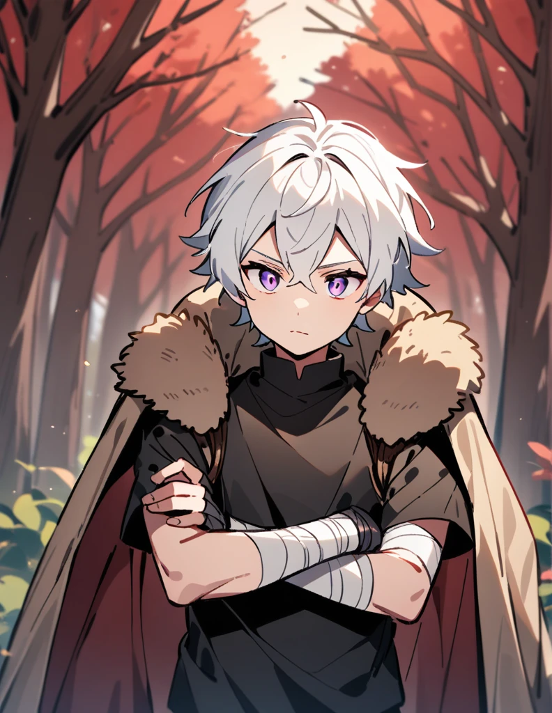 Greek boy with white hair, violet eyes, wearing a black shirt, with his arms covered in bandages, carrying a large rock on his shoulders, with a red forest of dry trees in the background
