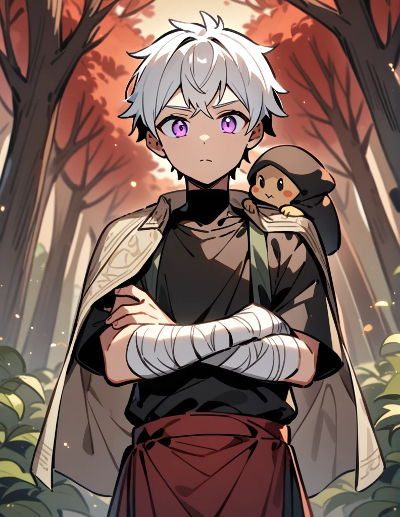 small Greek boy with white hair, violet eyes, wearing a black shirt, with his arms covered in bandages, carrying a large rock on his shoulders, with a red forest of dry trees in the background