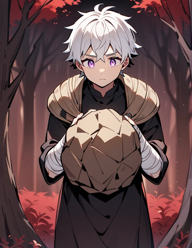 small Greek boy with white hair, violet eyes, wearing a black shirt, with his arms covered in bandages, carrying a large rock on his shoulders, with a red forest of dry trees in the background