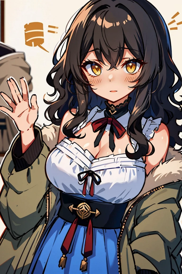 (masterpiece:1.2), (high quality:1.2), (hui xiyi:0.7), rekkyo sensen, rekkyou sensen, girls with((1girl, solo, black hair, yellow eyes, (wavy medium hair, one side up:1.5), blush, breasts, choker, cleavage, coat, cowboy shot, blue dress, black waist tie, red bow, red ribbon, neck ribbon, blouse shirt, frills blouse, fur, khaki jacket, hood down, hooded coat, hooded jacket, hoodie, jacket, large breasts, long hair, long sleeves, medium breasts, open clothes, open coat,open hoodie, sleeveless, winter clothes, zipper, cleavage, upper body, hand up, waving, palm)), background with((bedding, futon, jail, prison:1.45))