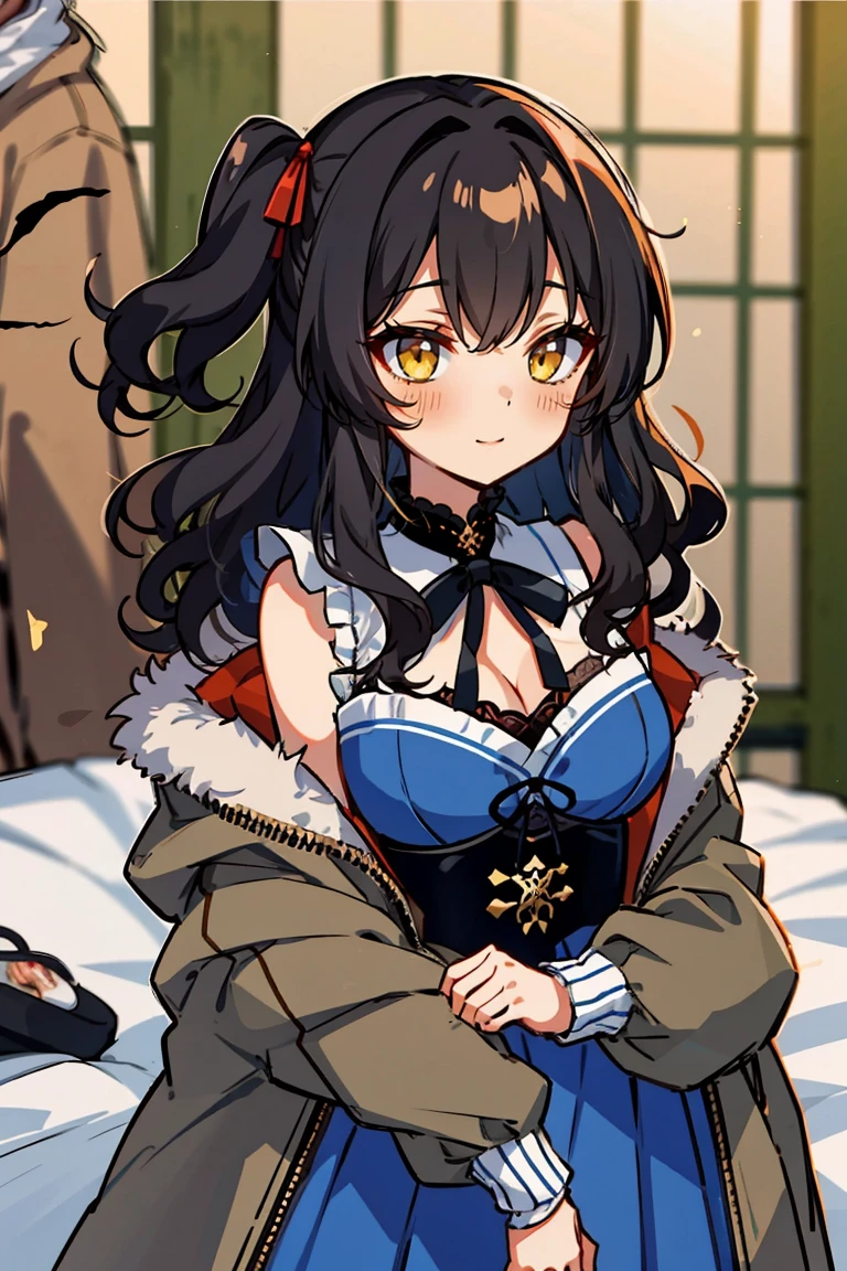 (masterpiece:1.2), (high quality:1.2), (hui xiyi:0.7), rekkyo sensen, rekkyou sensen, girls with((1girl, solo, black hair, yellow eyes, (wavy medium hair, one side up:1.5), blush, breasts, choker, cleavage, coat, cowboy shot, blue dress, black waist tie, red bow, red ribbon, neck ribbon, blouse shirt, frills blouse, fur, khaki jacket, hood down, hooded coat, hooded jacket, hoodie, jacket, large breasts, long hair, long sleeves, medium breasts, open clothes, open coat,open hoodie, sleeveless, winter clothes, zipper, cleavage, upper body, hand up, waving, palm)), background with((bedding, futon, jail, prison:1.45))