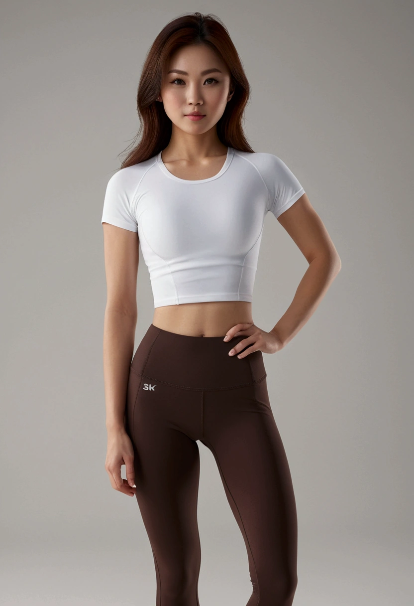 ((Highest quality, 8K, masterpiece :1.3)), Ultra-realistic, Realistic texture, Photorealistic shots, Gorgeous Asian Model, Strike a pose in cute high-waisted Lululemon yoga pants. Sharp focus,whole body, Long legs, Sharp focus :1.2, Beautiful woman with perfect figure :1.4, Slim Abs :1.1, ((Dark brown layered hair, Big Breasts :1.2)), (White tight T-shirt, leggings, Are standing:1.2) , Highly detailed face and skin texture, Fine grain, double eyelid, Completely naked