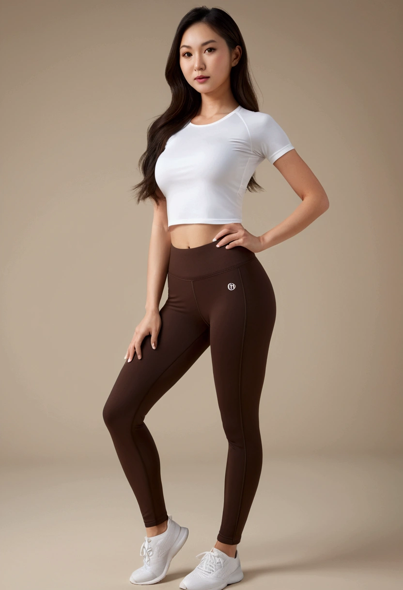 ((Highest quality, 8K, masterpiece :1.3)), Ultra-realistic, Realistic texture, Photorealistic shots, Gorgeous Asian Model, Strike a pose in cute high-waisted Lululemon yoga pants. Sharp focus,whole body, Long legs, Sharp focus :1.2, Beautiful woman with perfect figure :1.4, Slim Abs :1.1, ((Dark brown layered hair, Big Breasts :1.2)), (White tight T-shirt, leggings, Are standing:1.2) , Highly detailed face and skin texture, Fine grain, double eyelid, Completely naked