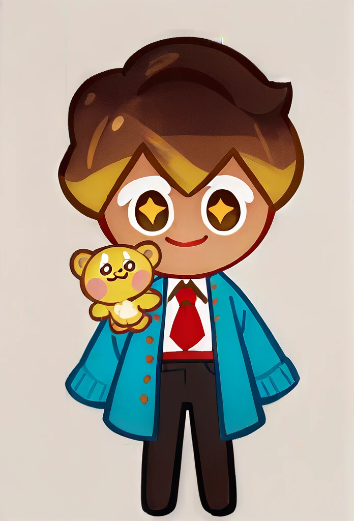 chibi, full body, CookieRun, 1 boy, brown eyes, cute eyes, yellow star pupils, :3, short hair, brown hair, blue cardigan, white shirt, red tie, black trousers, smile 