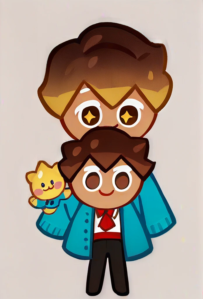 chibi, full body, CookieRun, 1 boy, brown eyes, cute eyes, yellow star pupils, :3, short hair, brown hair, blue cardigan, white shirt, red tie, black trousers, smile 