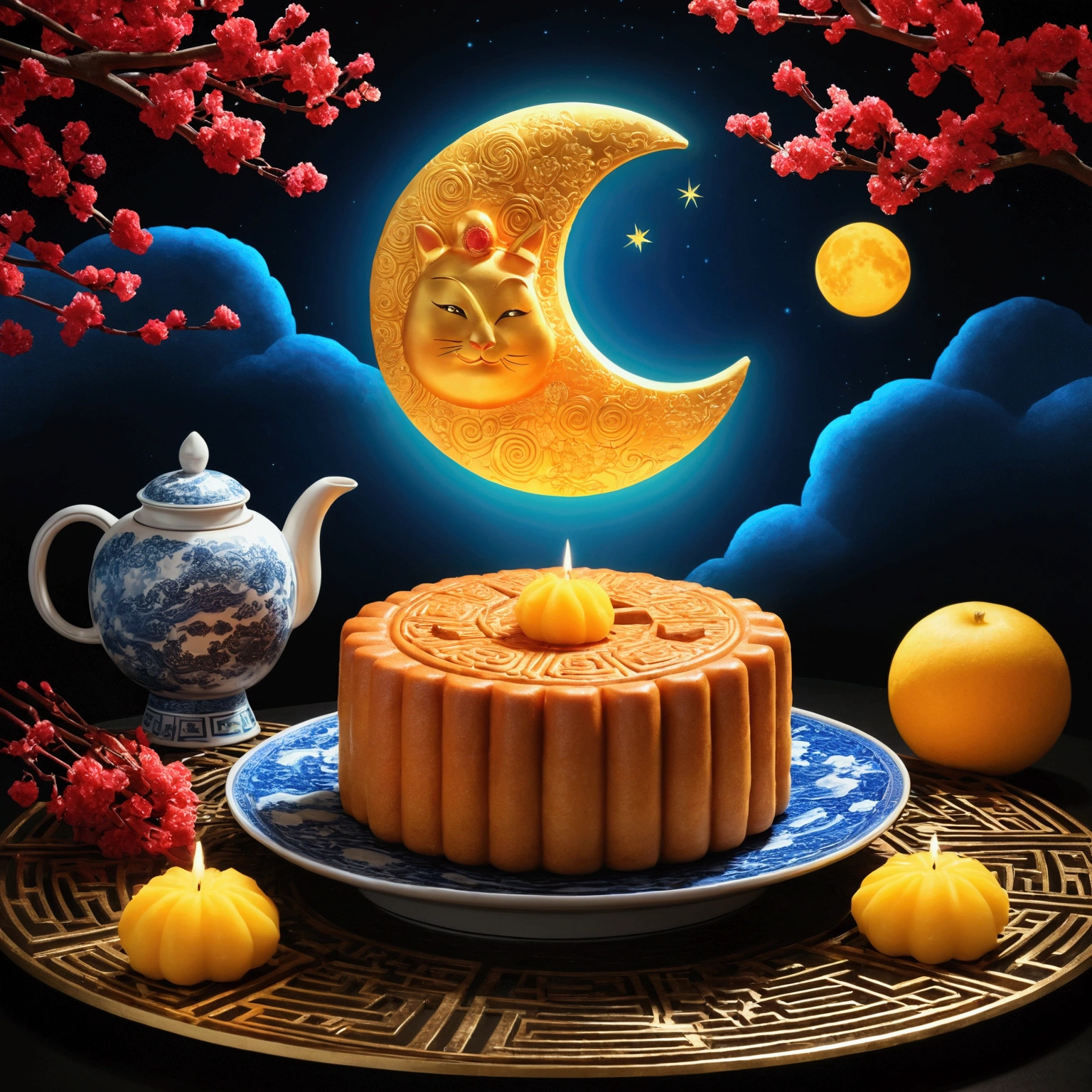 Mid-Autumn Festival, reunion, A round moon, the night, (Moon cake), teas, the fruits, edgBunny, Chang'e rushes to the moon, symmetry, high detail, Romanticism, sparkle, god rays, ray tracing, UHD, retina, masterpiece, ccurate, super detail, high details, high quality, best quality, highres, 16k, anatomically correct