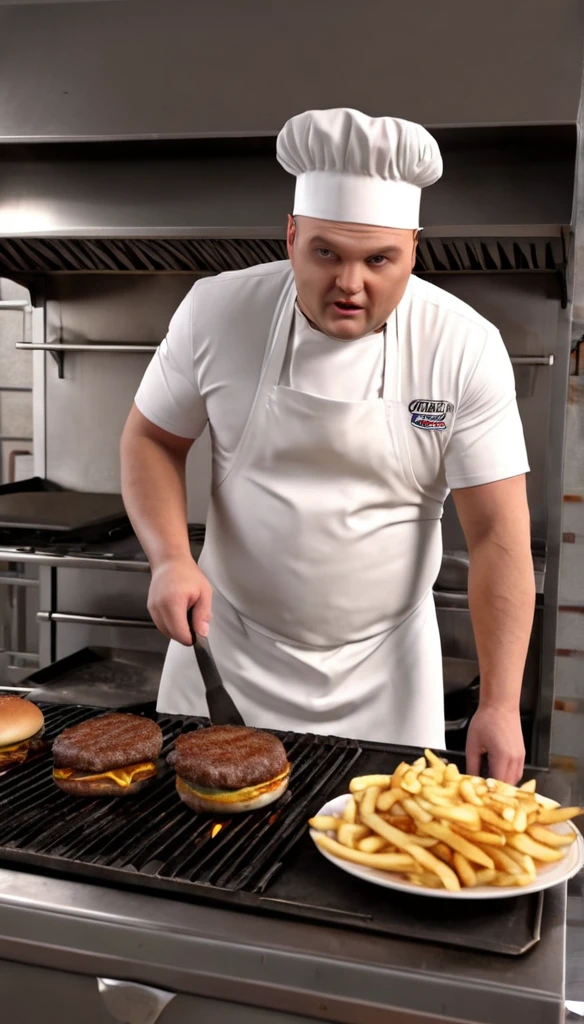 fast food worker, very fat cook, sweaty and dirty with grease, dirty and sweaty small and tight T-shirt, chef's cap on his head, standing at the kitchen grill and frying burgers, (best quality, 4K, 8K, high resolution, art: 1.2), ultra-detailed, (realistic, photorealistic, photorealistic: 1.37), fast food kitchen