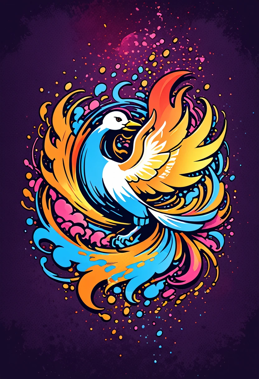 T-shirt designs, with vector art, Colorful illustration with Phoenix, At the center, swirly vibrant colors，graffiti art，ink spatter，UHD quality, details in 16k, Wild and unbridled，paint splash painting，rich and colorful，visual impact,modern aesthetic,Elegant and simple, t-shirt designs, hawaii island background