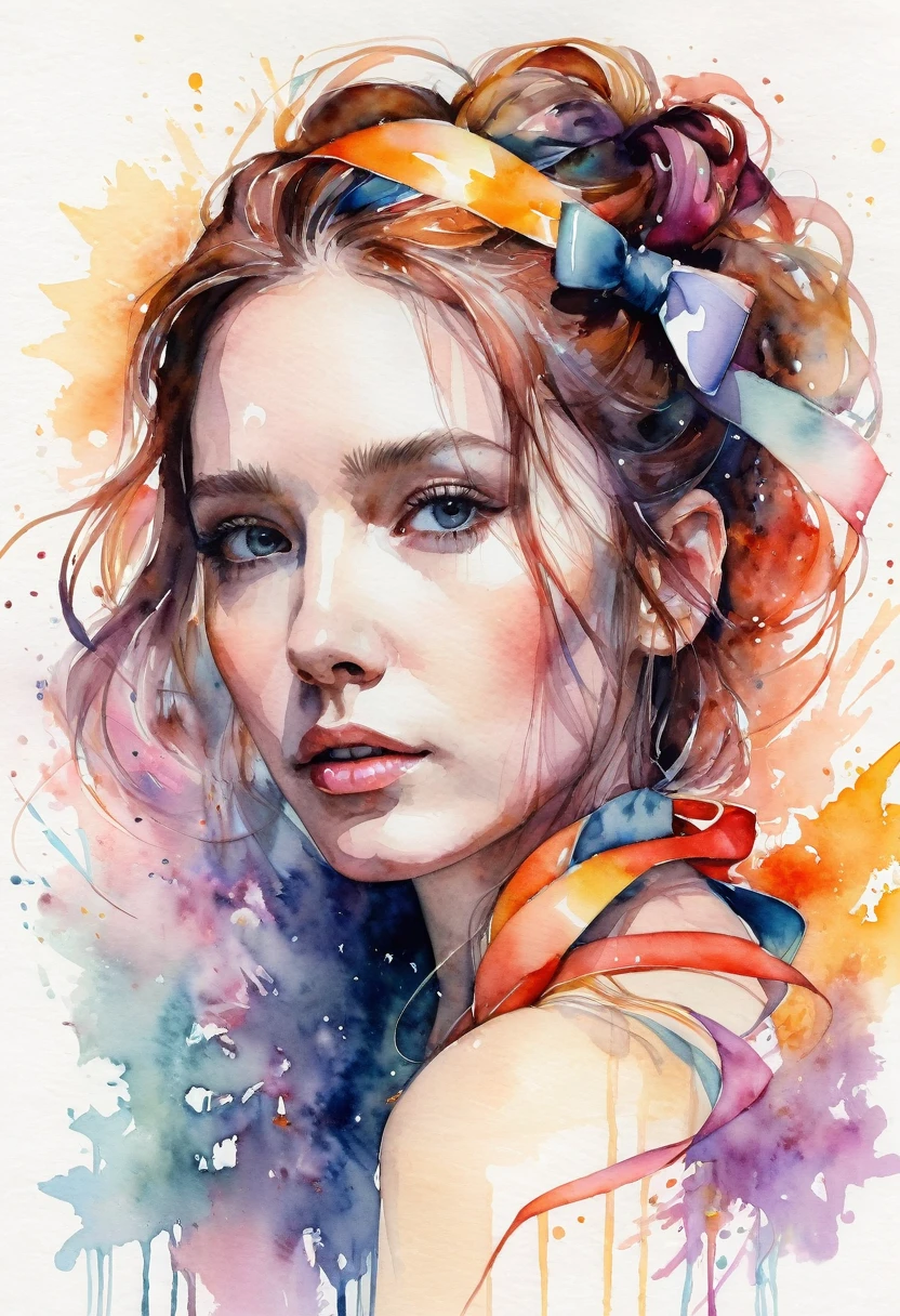 (8k, best quality, masterpiece:1.2),(best quality:1.0), (ultra highres:1.0), watercolor, a beautiful woman, shoulder, hair ribbons, by agnes cecile, half body portrait, extremely luminous bright design, pastel colors, (ink:1.3), autumn lights,