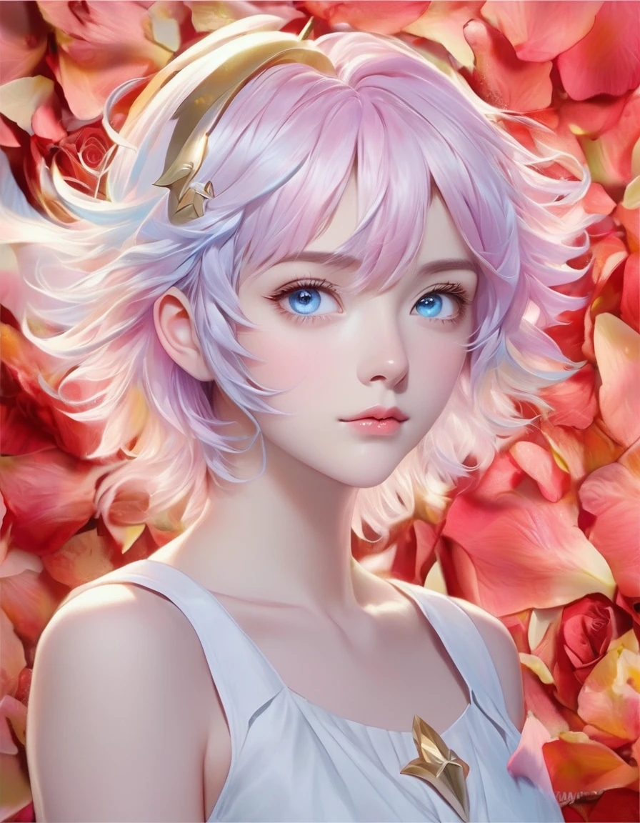 Anime girl with pink hair and blue eyes surrounded by rose petals, Portrait of a girl in the Knights of the Zodiac, Stunning Anime Face Portraits, Detailed digital anime art, Gwaiz, Beautiful anime portraits, Inspired by Yanjun Chen, 8k high quality detailed art, artwork in the style of Gwaiz, Smooth anime CG art, Yanjun Chent, Cute realistic portrait