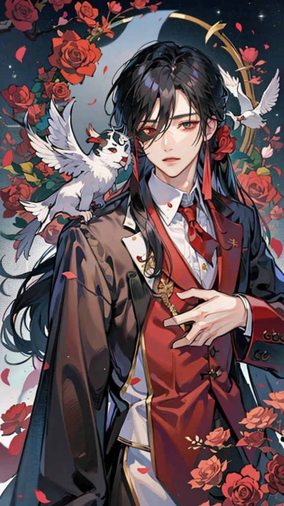 Hua Cheng adulto, he holds a rose in his hand , right eye patch , more mature face