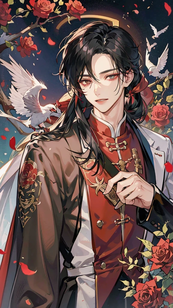 Hua Cheng adulto, he holds a rose in his hand , right eye patch , more mature face