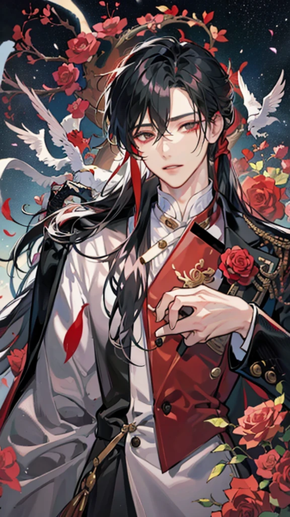 Hua Cheng adulto, he holds a rose in his hand , right eye patch , more mature face