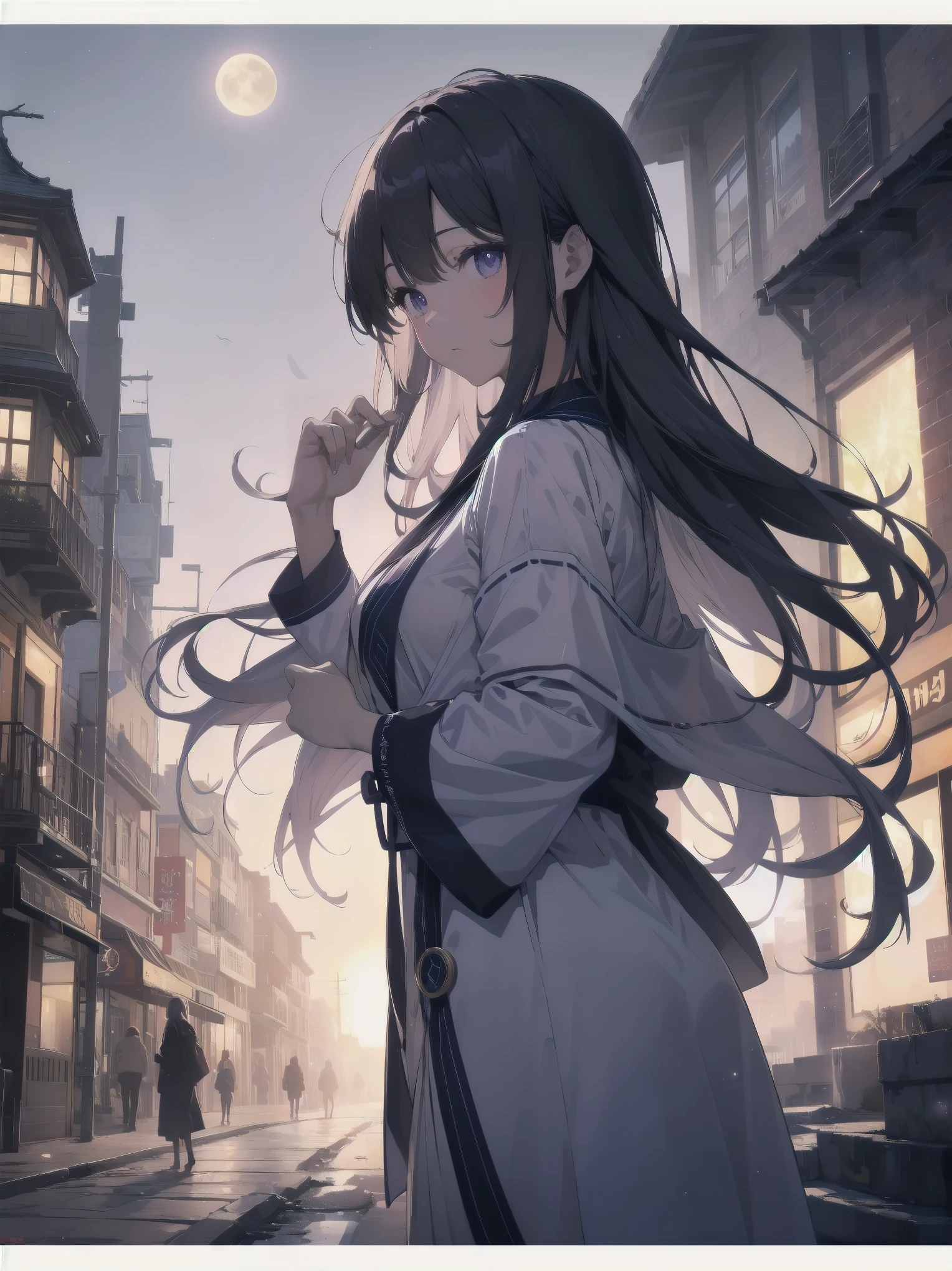 masterpiece, 8K, Highest quality, Very detailed, Purple & A beautiful girl in a blue magical robe with a moon motif、Close-up on the characters、(building, city、A dense fog of fluorescent particles、1800Era、Western style、Fiction、grow、Overwhelming、Detailed street)