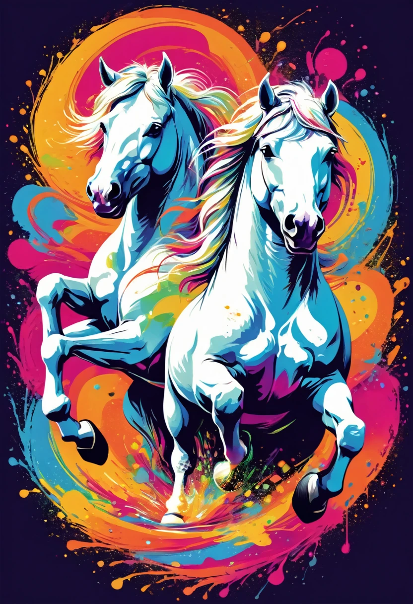 A t-shirt with vector art of a colorful illustration with two white horses riding, At the center, swirly vibrant colors, paint splashes and smears, high détail, t-shirt designs
(work of art, best qualityer, proffesional, perfect composition, very aesthetic, absurdrez, super verbose, details Intricate:1.3)