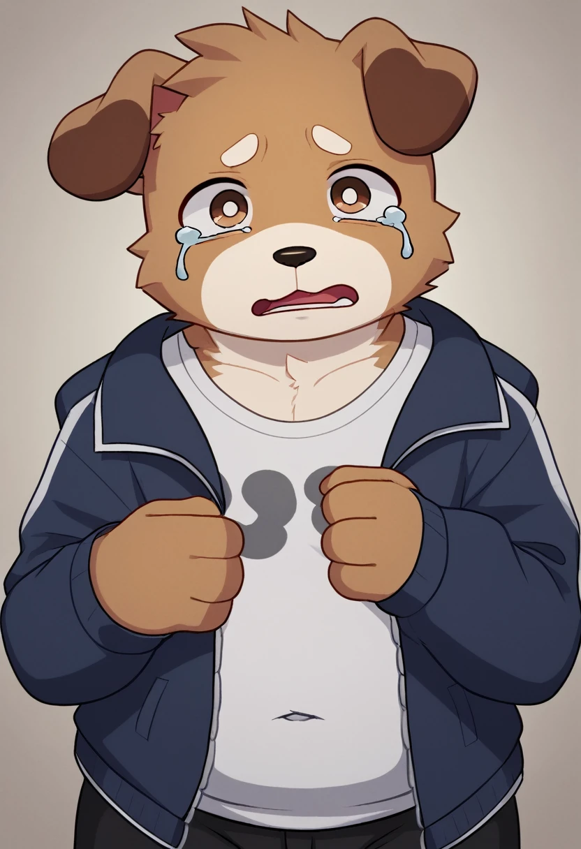 A man slightly chubby, shaped like a white dog brown ears , he Wear  a loose jacket and  Wear a t-shirt under a loose jacket , Desperate and crying face