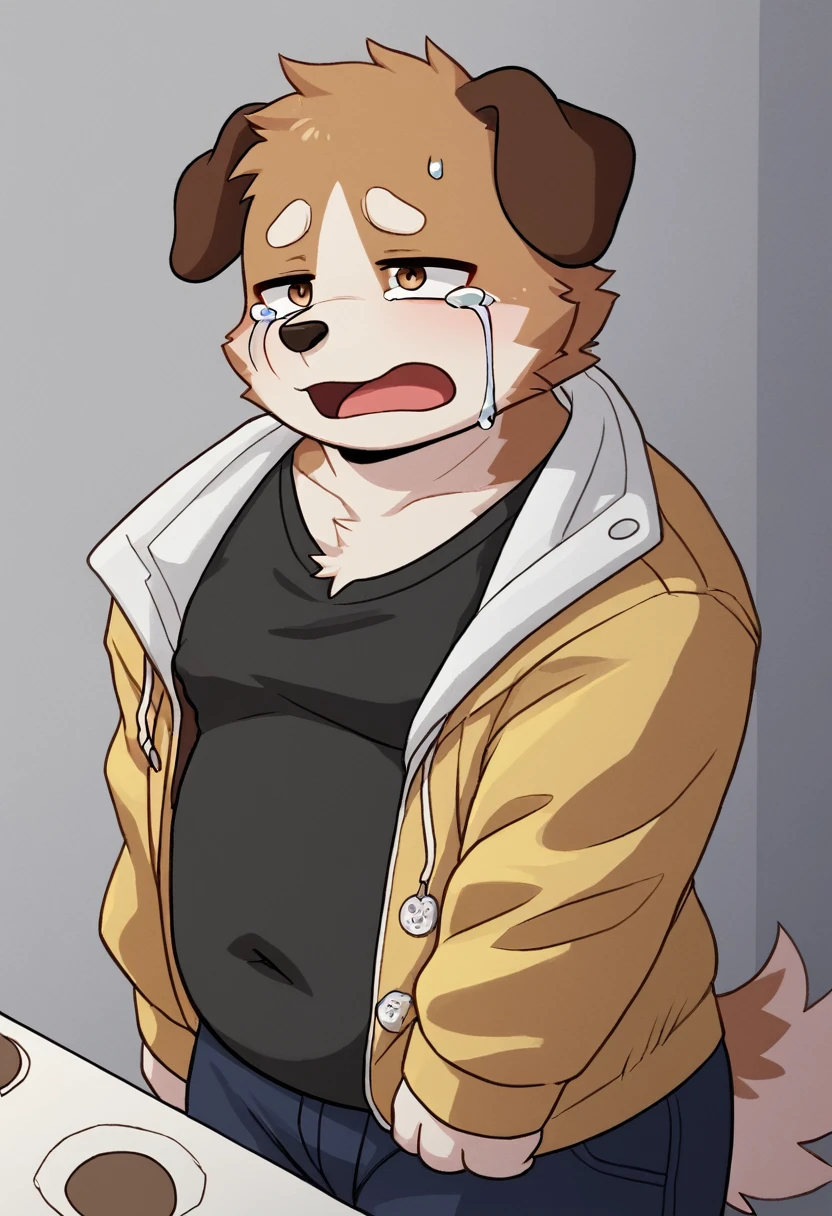 A man slightly chubby, shaped like a white dog brown ears , he Wear  a loose jacket and  Wear a t-shirt under a loose jacket , Desperate and crying face