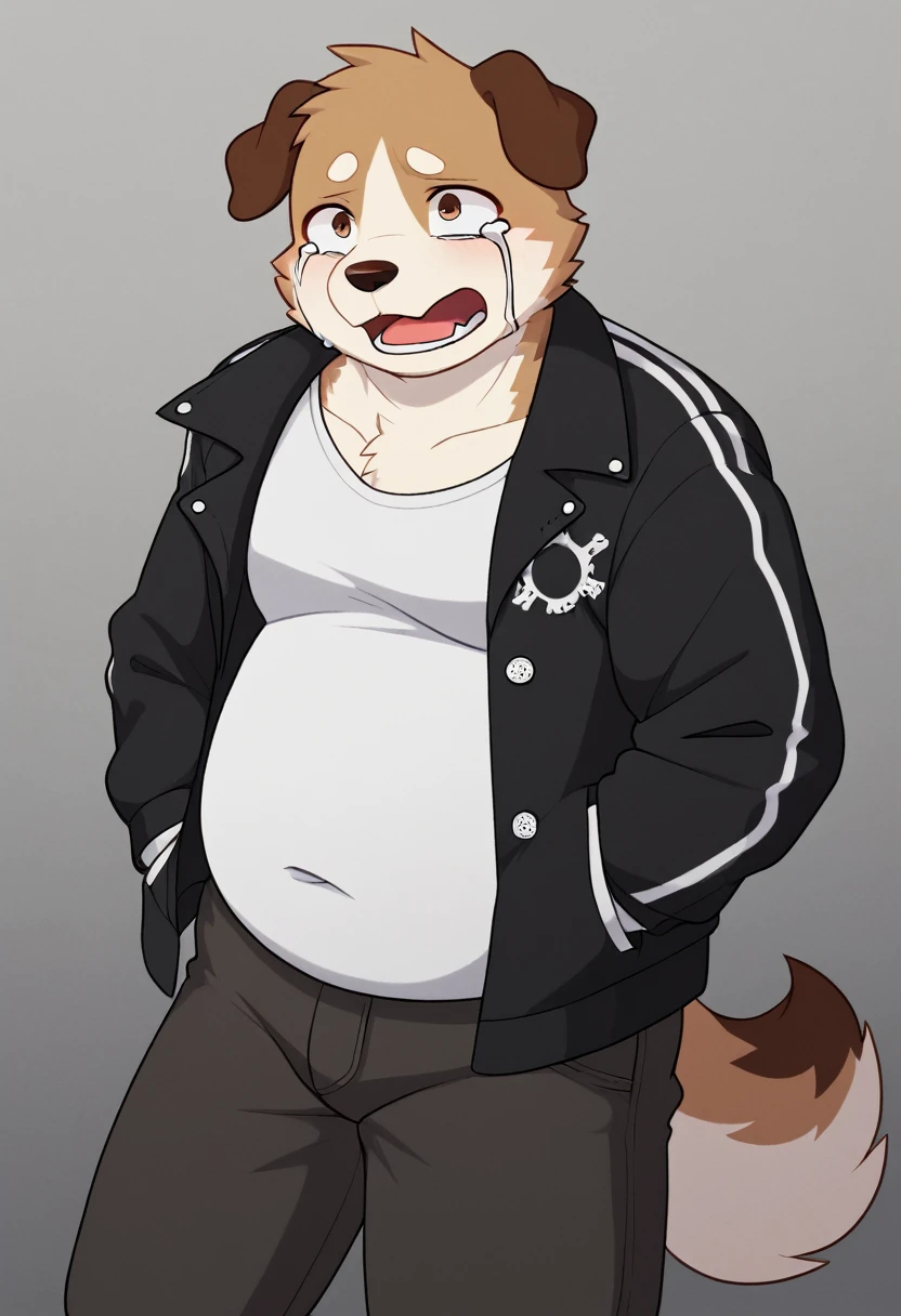 A man slightly chubby, shaped like a white dog brown ears , he Wear  a loose jacket and  Wear a t-shirt under a loose jacket , Desperate and crying face