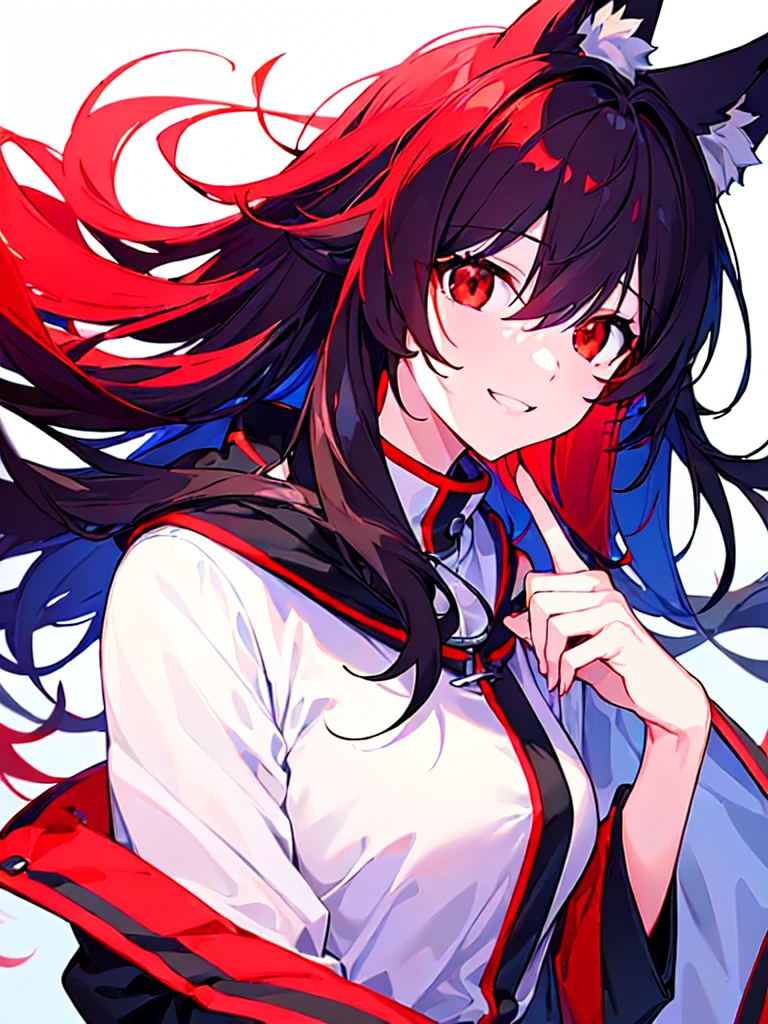 [(WHITE BACKGROUND:1.5),::5], ((((masterpiece)))), high quality, ultra very high resolution, full color, (((solo))), ((girl)), Black hair, (red inner hair), (red eyes), anime, ((upper body)), black parka, Fox ears, Fox red tails, light smile