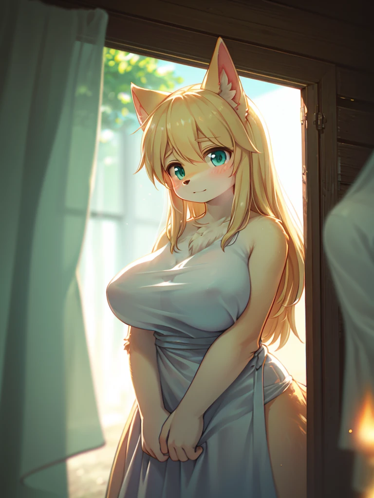 (Sumilux f1.4 75mm , low Latitude old color negative film , cross process , bokeh, flare, chromatic aberration , soft focus, (Shallow focus) , soft glow , Maximum aperture, High Key , Transparent depiction) , blond Mature female wolf , Voluptuous body , hide with hand , (freckles:0.7) , in the Abandoned house , (Spirit photography , sheet ghost:1.2) , (Holding two apart melons) , Tamponade