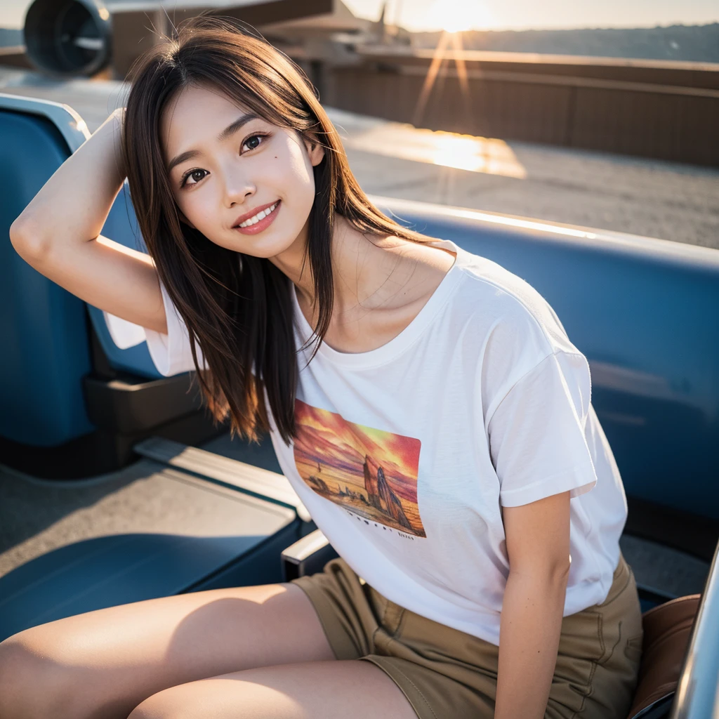 high quality,master piece,by famous artist,a girl, one girl,solo focus,alone,4K,8K,raw photo,full body,sitting,bloom,Japanese women,Clear,seems kind,Calm,Fair skin,h cup bust,Beautiful woman,smile,teeth,short brown hair,one girl,Casual Style(Stylish T-shirt),Background in an airplane,,evening,Sunset clouds,sunset,one girl