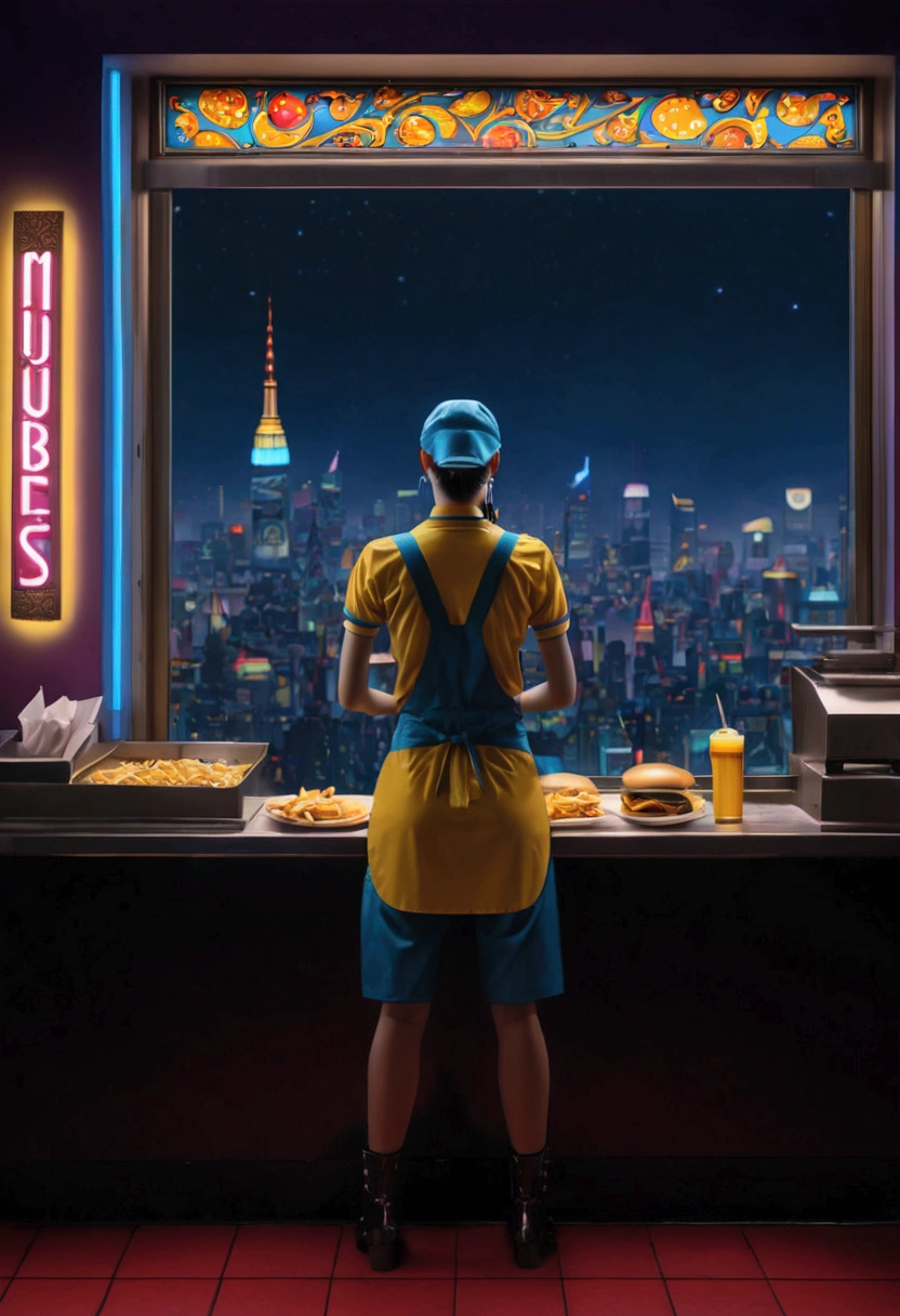 (Fast Food Worker), Cyberpunk style, a fast food clerk is doing the final tidying up work in the restaurant at night. The lights inside the restaurant emit charming colors, and the clerk's figure appears particularly prominent at the window, with the background of night city, full body, (Photography), panoramic view, award-winning, cinematic still, emotional, vignette, dynamic, vivid, (masterpiece, best quality, Professional, perfect composition, very aesthetic, absurdres, ultra-detailed, intricate details:1.3)