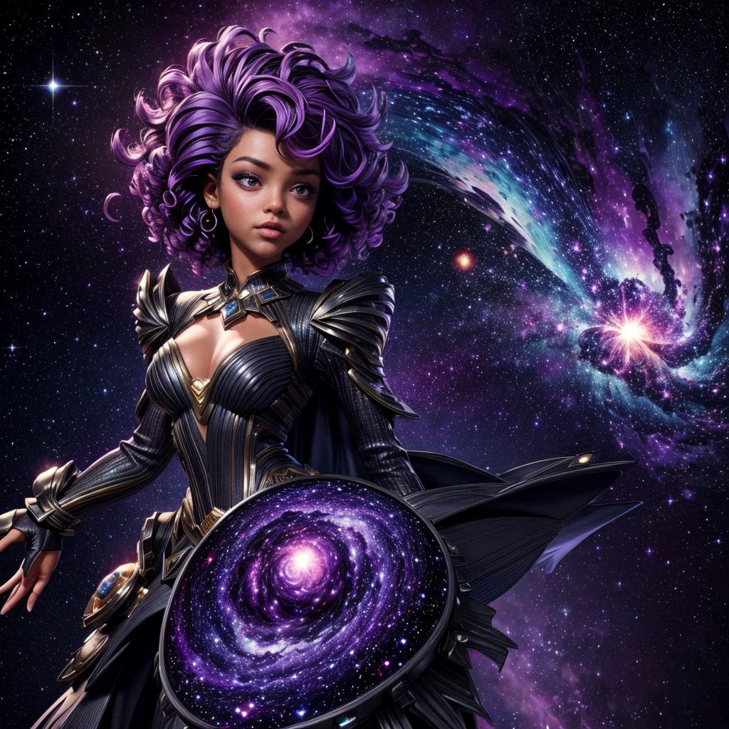 ((best qualityer)), ((work of art)), (detailded), 1 full body black girl with a beautiful face, mullet dress vintage galaxy themed fantasy and super nova ,short brunette curly hair with purple tips,Background: supernovae and exploding stars