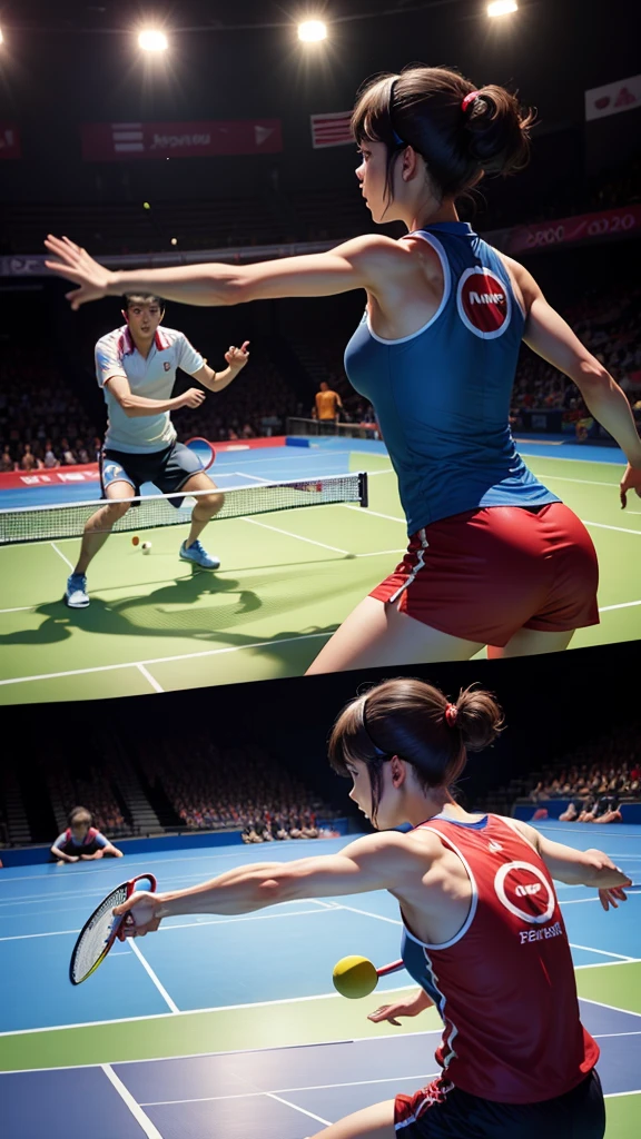 Table tennis players are battling it out on the Olympic stage。