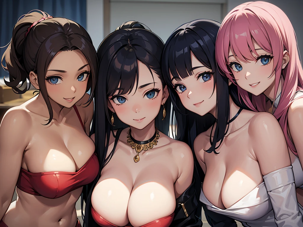 three sexy women who are wives of boy, looking at camera, seductive smiles, portrait, various hair