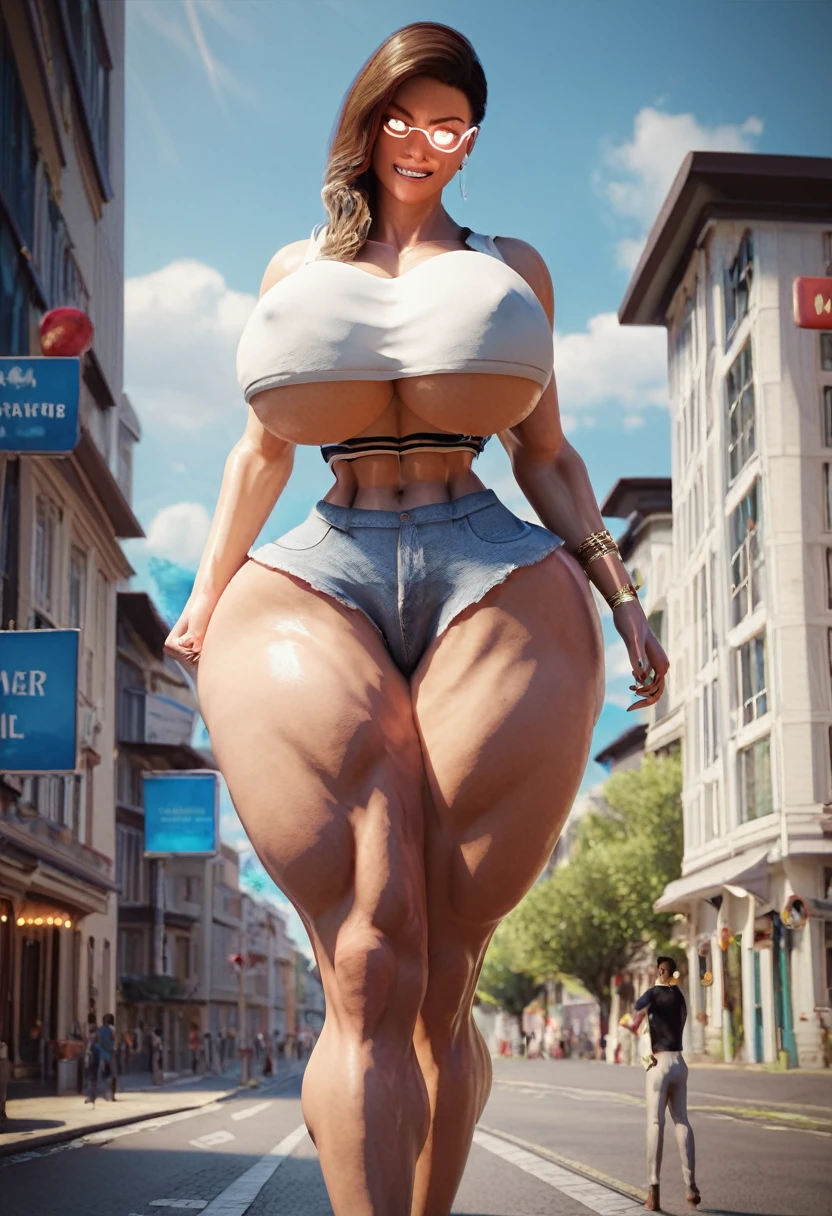 1girl, solo, masterpiece, best quality, detailed, narrow waist, wide hips, huge breasts, huge ass, score_9, score_8_up, score_7_up, 3d, breast expansion, ass expansion, growth, giantess, muscle growth, smug, glowing eyes