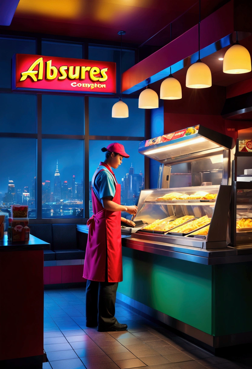 (Fast Food Worker), Cyberpunk style, a fast food clerk is doing the final tidying up work in the restaurant at night. The lights inside the restaurant emit charming colors, and the clerk's figure appears particularly prominent at the window, with the background of night city, full body, (Photography), panoramic view, award-winning, cinematic still, emotional, vignette, dynamic, vivid, (masterpiece, best quality, Professional, perfect composition, very aesthetic, absurdres, ultra-detailed, intricate details:1.3)