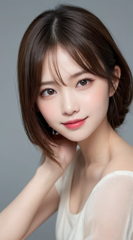 Tabletop, Highest quality, shape, Very detailed, finely, High resolution, 8k wallpaper, 完璧なダイナミックな構shape, Beautiful and exquisite,ランダムなcute髪,,Natural color lip, 20-year-old girl、cute、Always blur the background,Perfect and beautiful face,Slim face and figure,Big eyes、Putting on gal makeup,Small face,smile,Blurred Background,Elegant feminine face、smile、Real Photo、Raw photo、Real human skin,finely描かれた肌:1,4、Normal anatomy