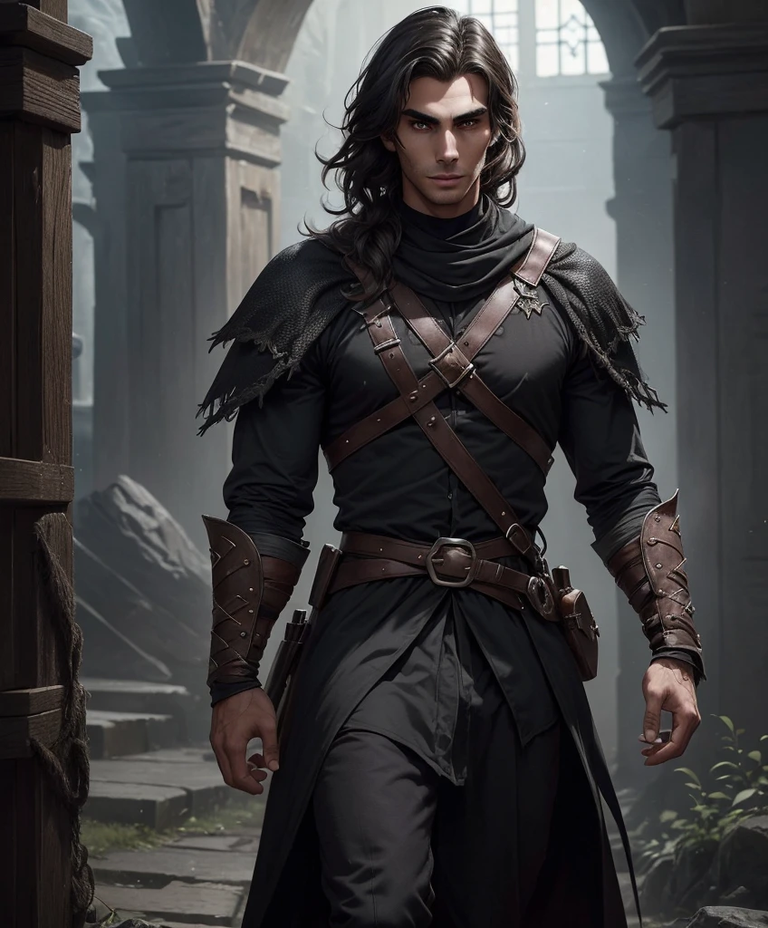 (((Single character image.))) (((1boy))) (((Dressed in medieval fantasy attire.))) (((Generate a darkly handsome male character for a fantasy setting.))) (((Appears to be 20 years old with youthful looks.))) (((Looks like the ideal vision of a sexy, handsome rugged male.))) Design a handsome, attractive male adventurer for a fantasy setting. He has strong features and shoulder length blond hair. (((The background to the image is dark and eerie..))) (((Looks like Jon Kortajarena.))) best quality:1.0,hyperealistic:1.0,photorealistic:1.0,madly detailed CG unity 8k wallpaper:1.0,masterpiece:1.3,madly detailed photo:1.2, hyper-realistic lifelike texture:1.4, picture-perfect:1.0,8k, HQ,best quality:1.0,