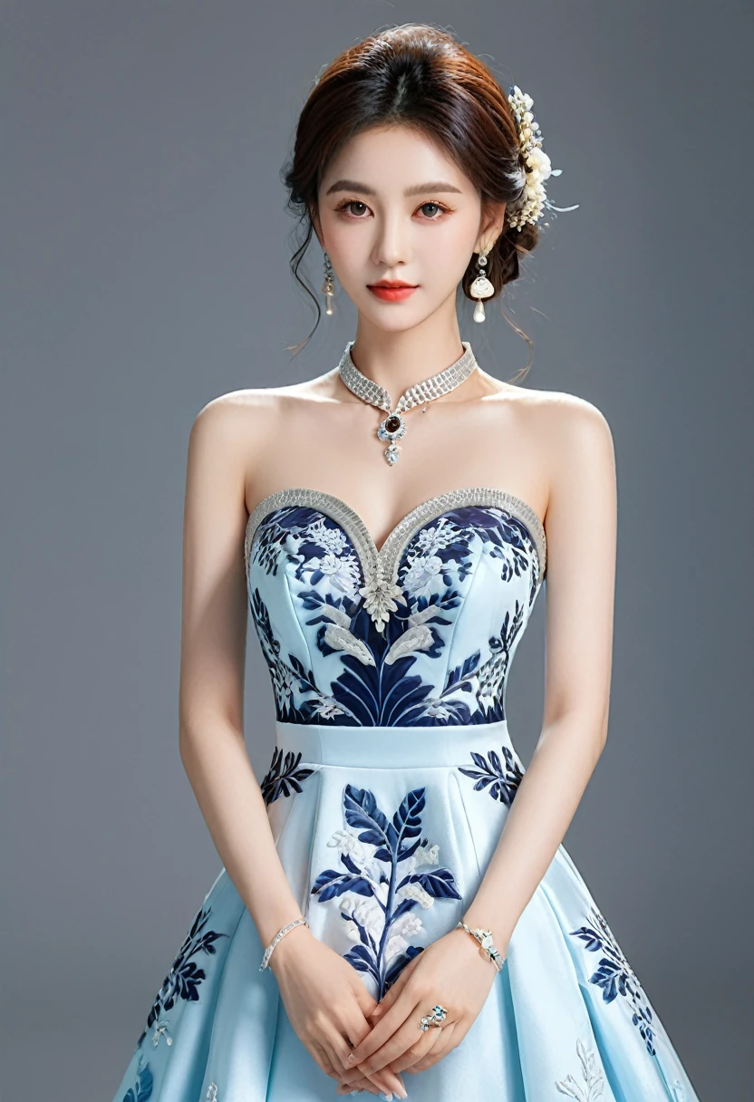 Realistic photo style, whole body 사진에 아름다운 아시아 소녀가 등장합니다., Wearing a unique ethnic style evening gown with delicate skin., bright and lively eyes, Thick eyelashes that look especially attractive. Long dresses are slim and elegant., Eye-catching silver jewelry and alcohol. The high-collar design adds an elegant atmosphere., Color of blue and white porcelain. using light and shadow, The vivid and harmonious appearance of the protagonist is highlighted... whole body, (masterpiece, best quality, professional, perfect composition, very aesthetic, absurd, very detailed, intricate details:1.3)